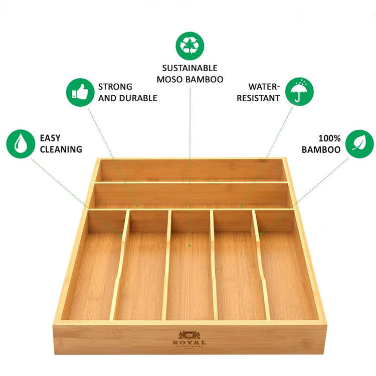 Bamboo Kitchen Drawer Organizer Tray For Silverware And Kitchen Utensils