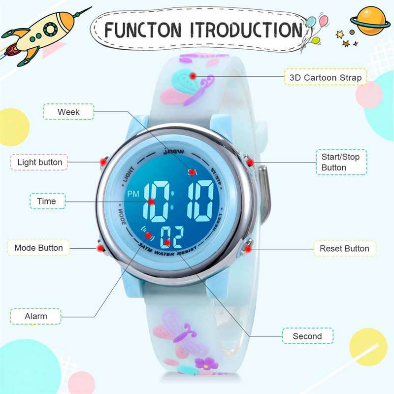 Kids Digital Sport Watches LED with 7 Colors Backlight 3D Butterfly Wristwatch-Blue