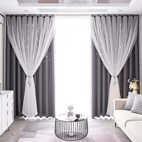 2 Panels Double Layer Stars Blackout Curtains for Bedroom Window-Darkgray