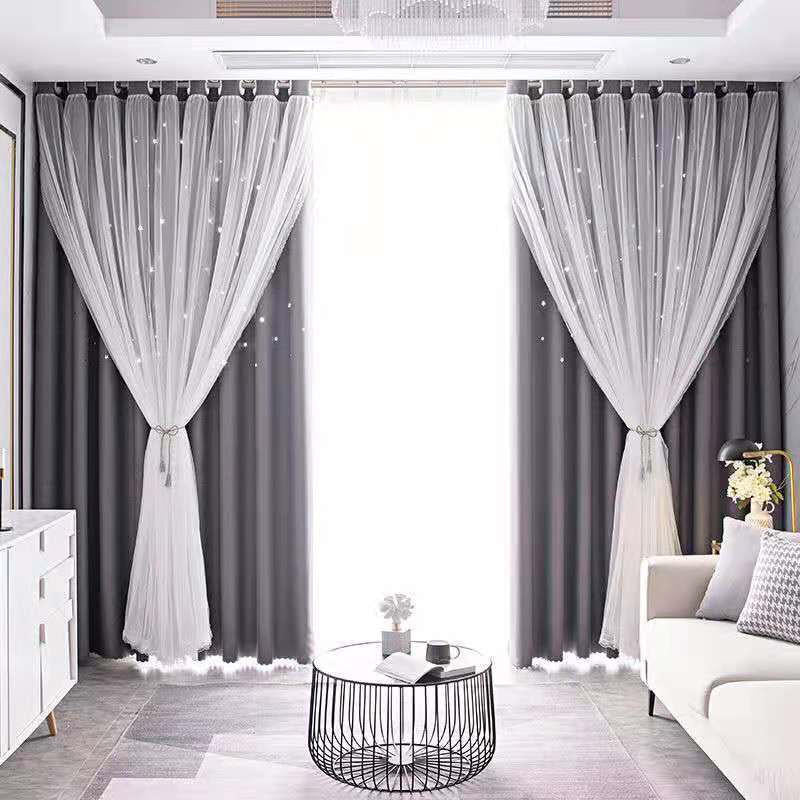 2 Panels Double Layer Stars Blackout Curtains for Bedroom Window-Darkgray