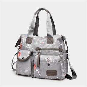 Womens Lightweight Floral Top Handle Handbag Multi-pockets Nylon Shoulder Bag-Grey