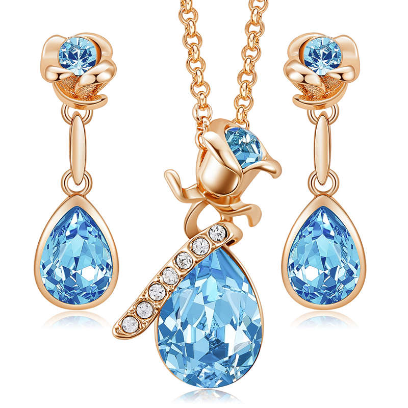 Rose Crystal Necklace and Earrings Set for Mom Wife-GoldBlue