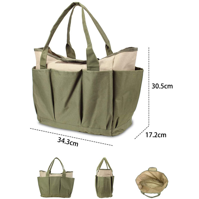 Garden Tools Bag Gardening Tote Organizer with 8 Deep Pockets for Gardener Regular Size Tools Storage -Khaki