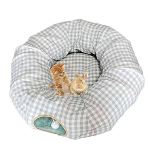 Cat Tunnel Soft Bed with Central Mat Foldable Toy-Blue Gray Plaid