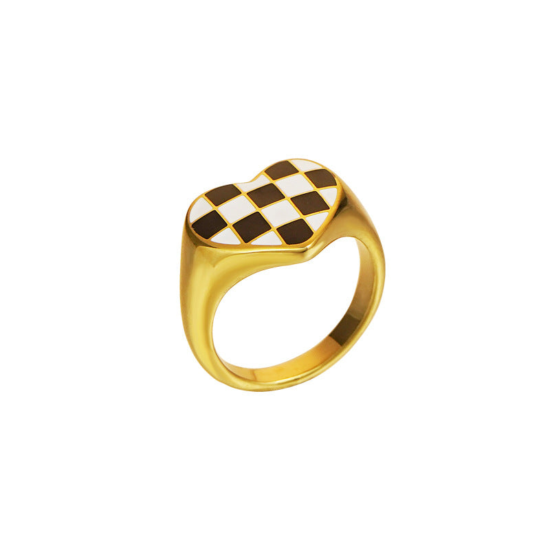 Heart Ring Black and White Checkerboard Ring For Women