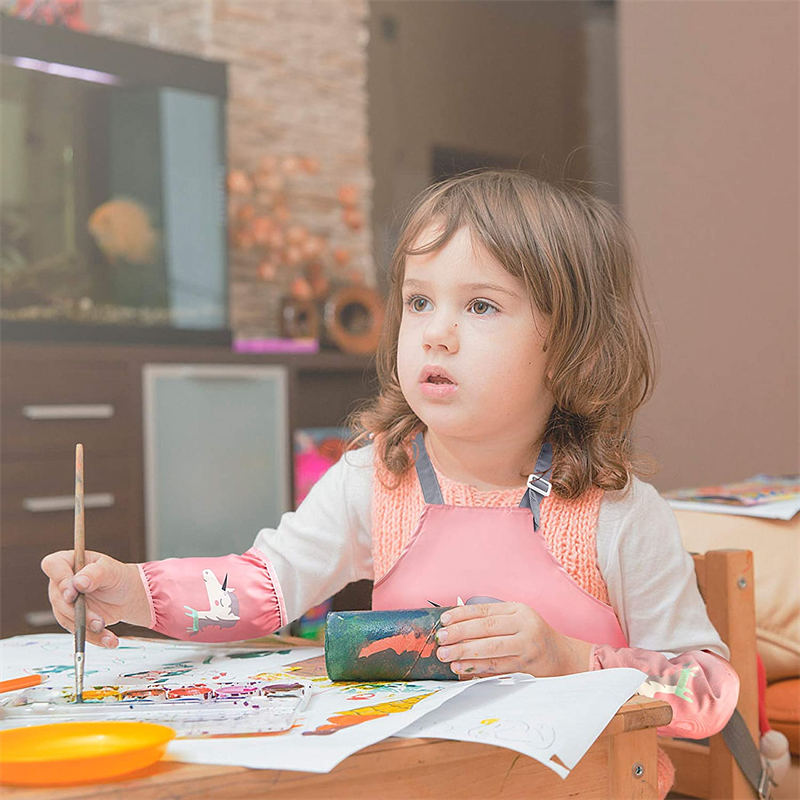 Kids Waterproof Art Apron for Painting Cooking Feeding with Matchin Sleeves-Cat
