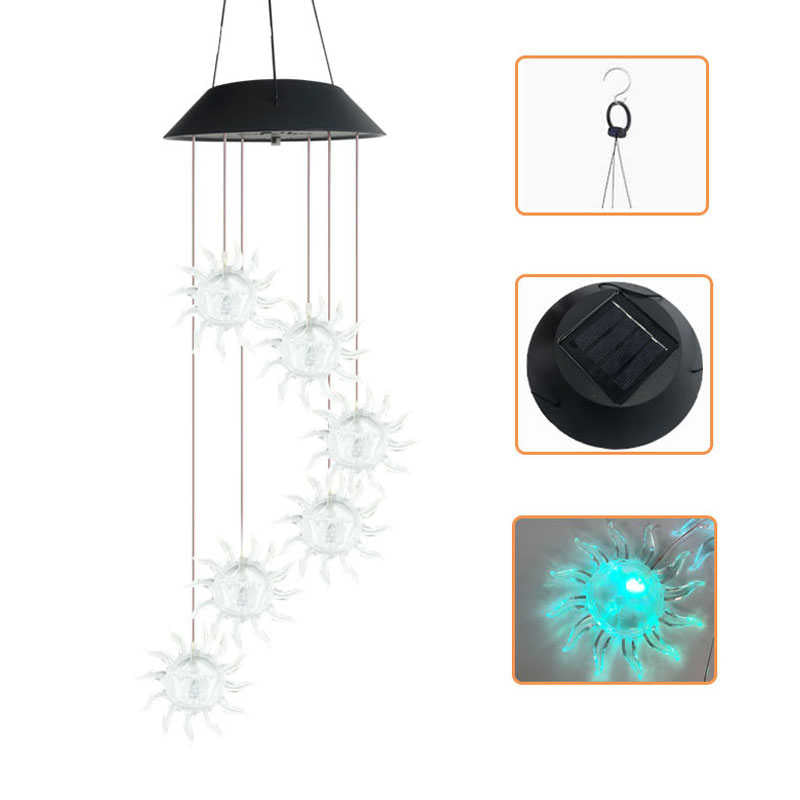 Sun Solar Wind Chimes Colors Changing Light for Garden Terrace-Black