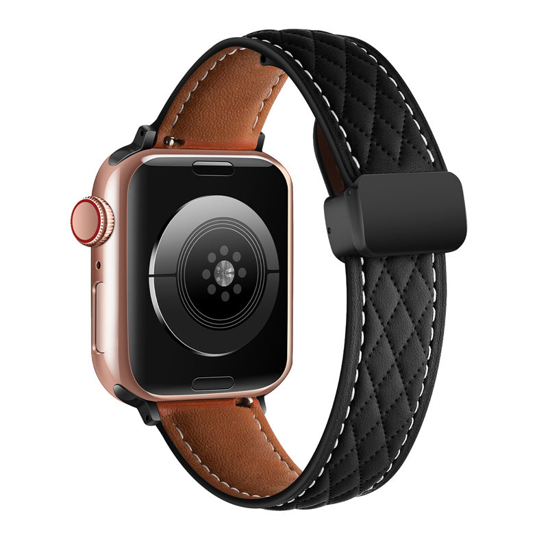 Vintage Leather Band Folding Buckle Replacement Strap for Apple Watch-Black