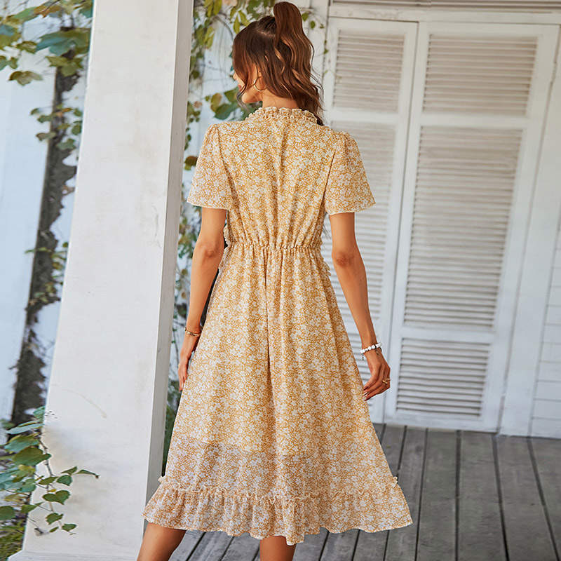 Womens V Neck Floral Dress Summer Beach Vacation Chiffon Dress-Yellow