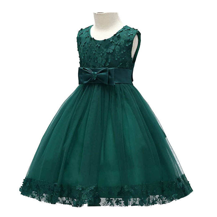 Girls Tulle Lace Flower Princess Wedding Dress For Toddler And Baby Girl-Dark Green
