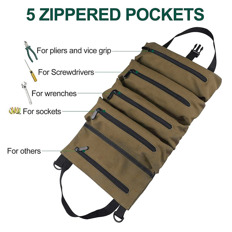 Multi-Purpose Roll up Tool Bag Organizer for Car Camping Gear-Khaki