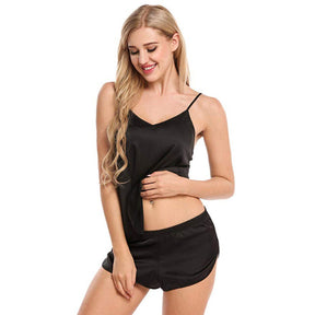 Women Sexy Satin V Neck Camisole Shorts Pajamas Set-Black