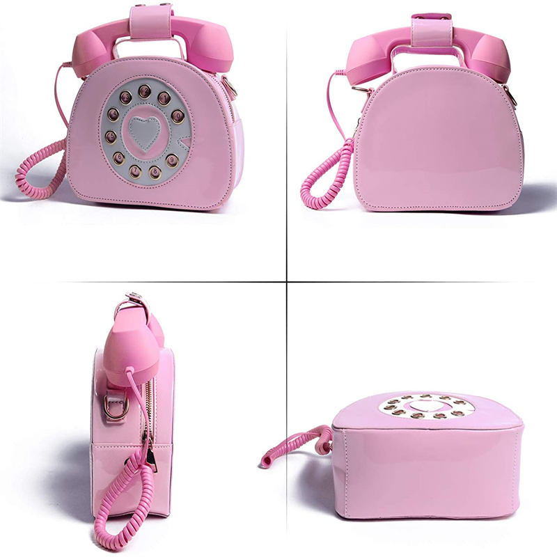 Women Telephone Shaped Handbag Retro Phone Top-Handle Crossbody Bags-Pink