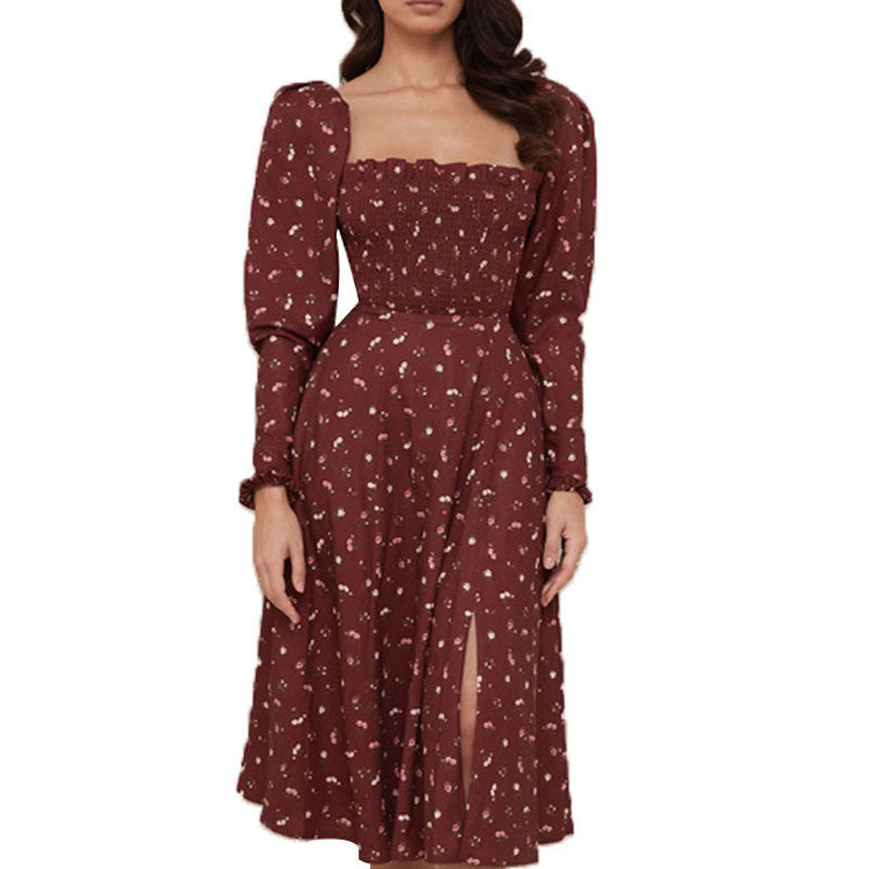 Womens Floral Print Dress Trumpet Sleeve Casual Dress-Red