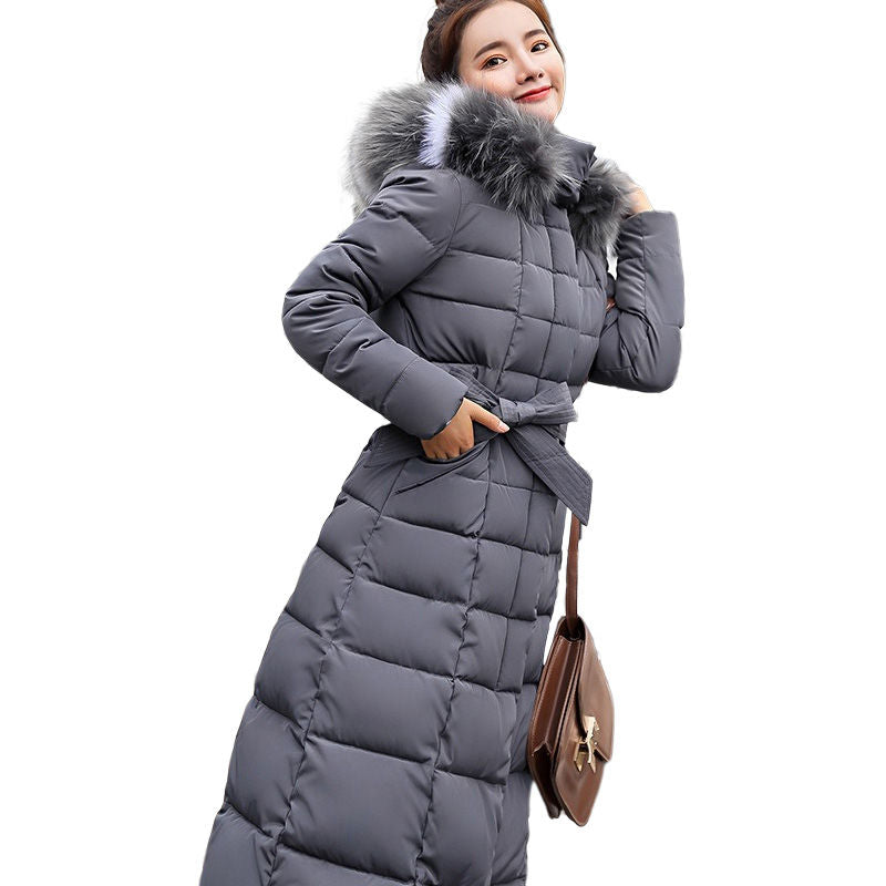 Women Warm Down Jacket with Hood Fur Long Puffer Coat-Grey