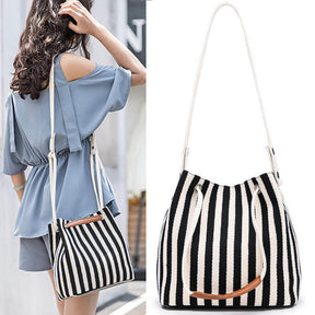 Womens Canvas Shoulder Bag Commuter Stripes Handbags-Black