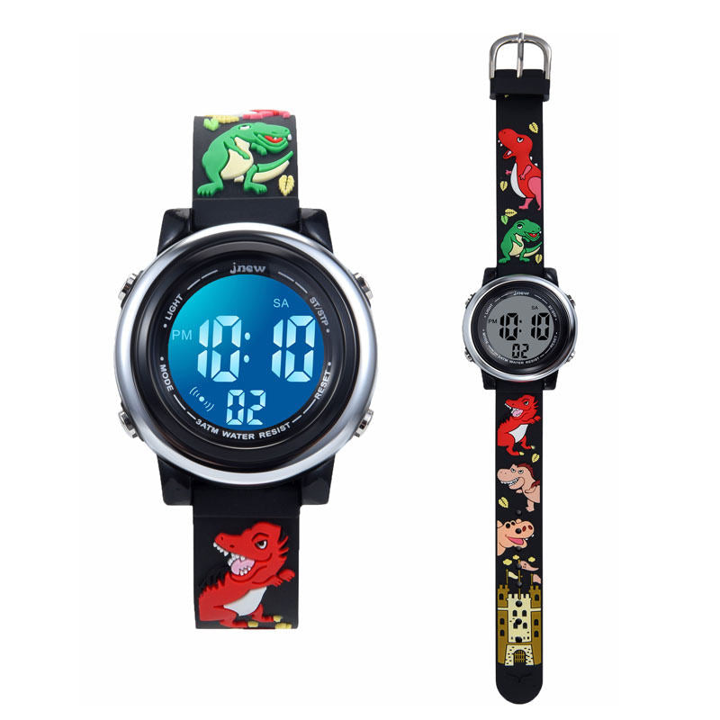 Kids Watchs 3D Cartoon Dinosaur Pattern Waterproof Silicone 7 Color Lights Watch-Black