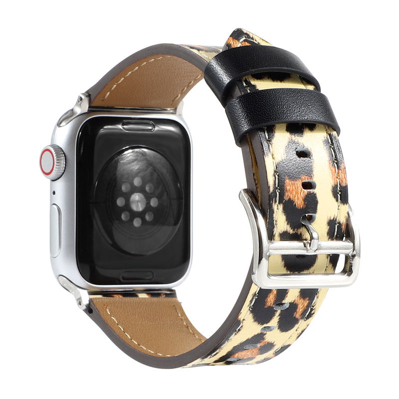 Genuine Leather Apple Watch Band Leopard Wristband for iWatch Series SE/6/5/4/3/2/1-Brown