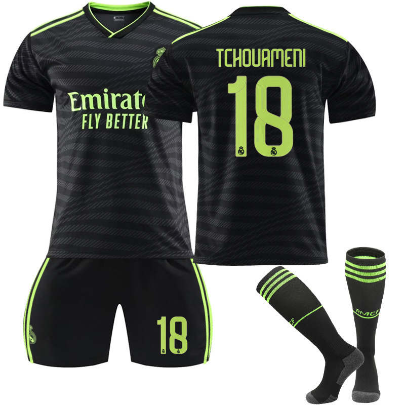 Real Madrid Second Away Jersey 2022-23 TCHOUAMENI #18 Soccer Jersey Kids Adult 3-Pieces Jersey Kits