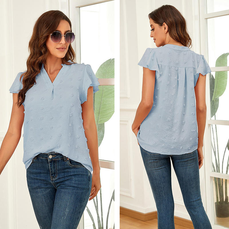 Womens Ruffle Shirts V Neck Short Sleeve Pom Chiffon Blouses Tops-Light Blue