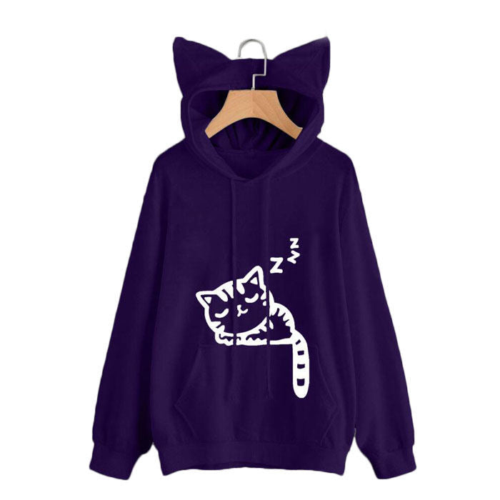 Women Teen Girls Cat Printed Hoodie Sweatshirt Cute Cat Ear Pullover Sweatshirt-Purple