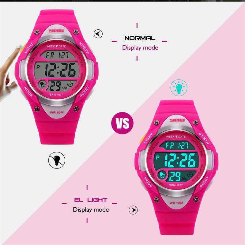 Kid Sport Outdoor Waterproof Electronic Watches with LED Light-RoseRed