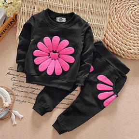 Baby Girls 2 Pcs Sunflower Clothes Set Long Sleeve Top And Pants Outfits-Black