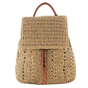 Women Straw Handmade Crochet Backpack Flap Drawstring Casual Beach Bag-LightBrown