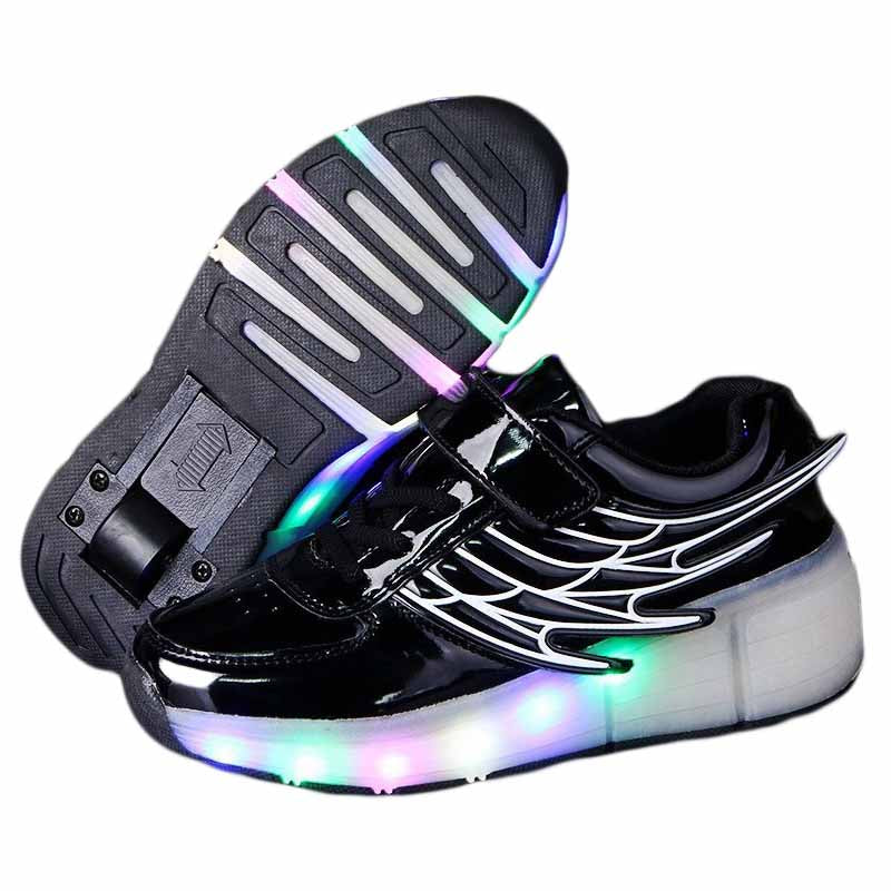 Kids LED Roller Skate Shoes Boys Girls Sneakers with Single Wheel-K02-Black