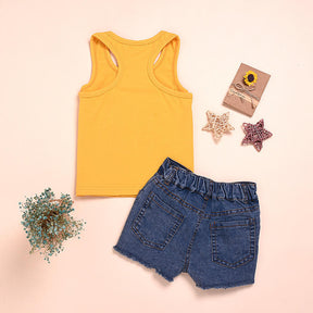 2Pcs Baby Girl Sunflower Outfits Sleeveless Tank Top and Denim Shorts Summer Clothes-Yellow