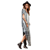Women's Boho Maxi Summer Casual Short Sleeve V-neck Dye Split Fork Long Dress-Black