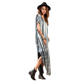 Women's Boho Maxi Summer Casual Short Sleeve V-neck Dye Split Fork Long Dress-Black
