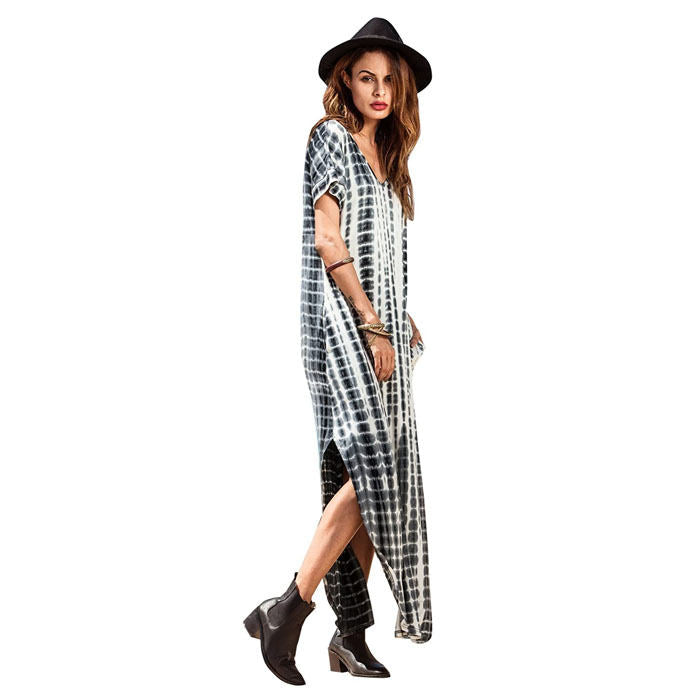 Women's Boho Maxi Summer Casual Short Sleeve V-neck Dye Split Fork Long Dress-Black