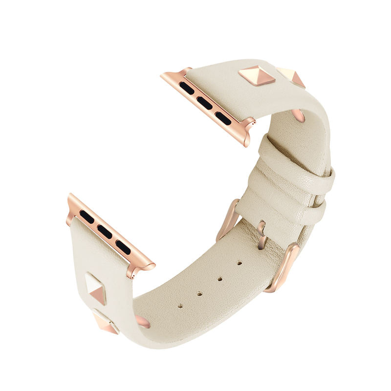 Stylish RoseGold Rivets Leather Replacement Band for iWatch Series 6/5/4/3/2/1/SE-White