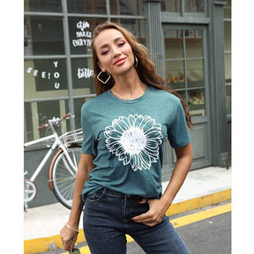 Womens Sunflower Summer Short Sleeve T-shirt Loose Casual Top-Green