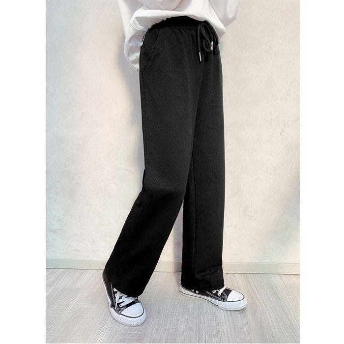 Girls Joggers Long Pants Pockets Outdoor Casual Wide Leg Pants with Drawstring Knitting-Black