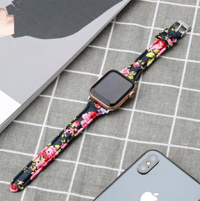 Slim Flower Printed Leather Watch Band For Apple Watch SE/6/5/4/3/2/1(Pink Flower)