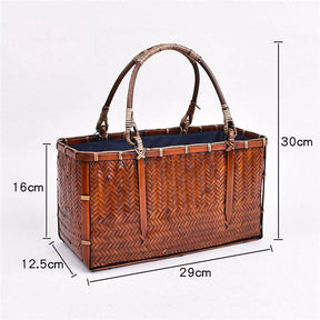 Retro Womens Bamboo Handbag Handmade Large Tote Bag Wicker Summer Straw Basket Bag-Dark Red