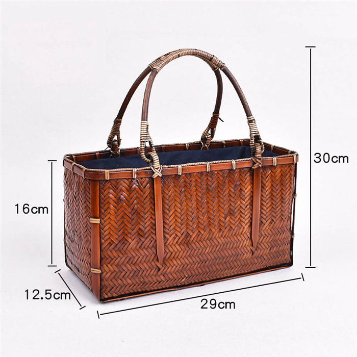 Retro Womens Bamboo Handbag Handmade Large Tote Bag Wicker Summer Straw Basket Bag-Dark Red