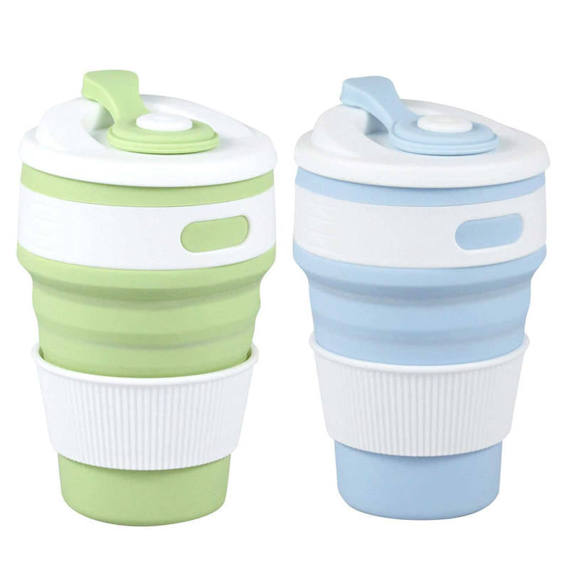 2 Pack 350ml Silicone Collapsible Travel Mug with Lid-Green Blue