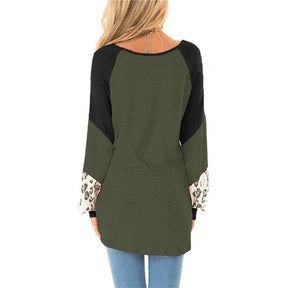 Womens Color-Blocking Pullover Raglan Long Sleeve Loose Shirt-Green