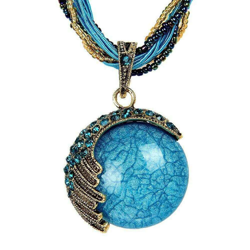 Vintage Bohemian Gemstone Pendant Necklace-DarkBlue