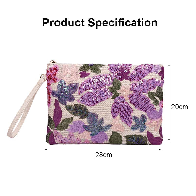 Women Clutches Embroidery Sequins Design Straw Bag for Vacation-Purple