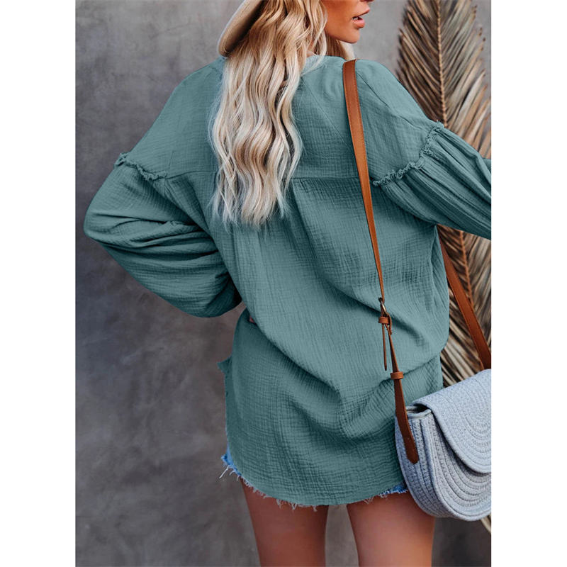 Womens Deep V Neck Lantern Sleeve Blouse Button Down Pullover Tops-Blue