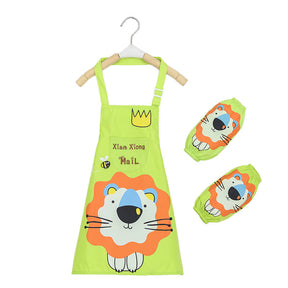 Kids Waterproof Apron Cooking Bib with Sleeve Covers for Painting-Green Lion