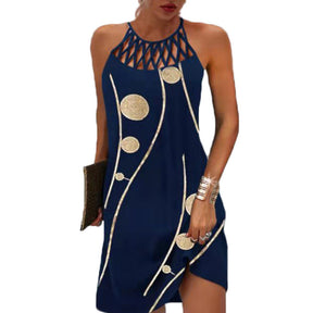 Womens Printed Mesh Belt Sleeveless Summer Casual Dress-DarkBlue