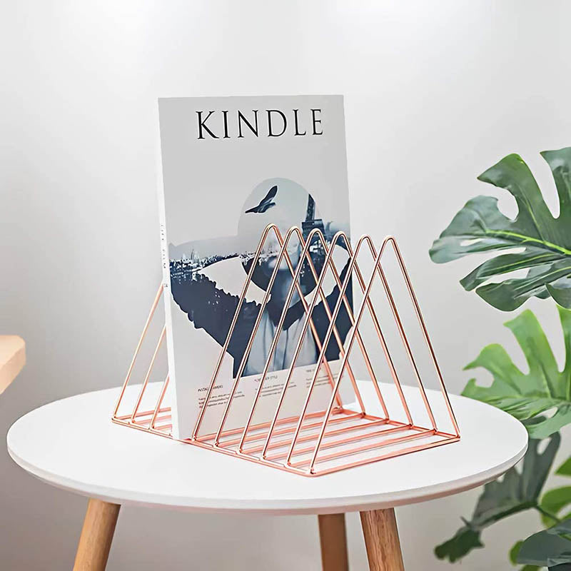 Files Folder Stand Desktop File Organizer Triangle Wire Magazine Holder Book Shelf 9 Slot File Sorter for Indoor Office Home -Pink