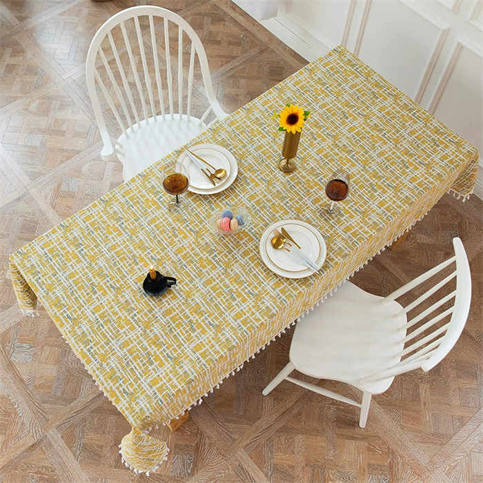 Tassel Cotton Linen Tablecloths Dustproof Table Cover for Kitchen Dinning Room Party-Yellow