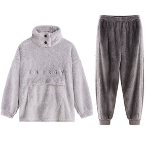 Thickening Coral Fleece Pajamas Set for Women-LightGrey