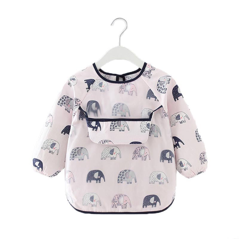 Kids Waterproof Art Smock Cartoon Long Sleeve Aprons with Bib-Elephant